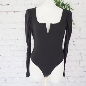 Iris Black Long Sleeve Bodysuit‎ Top Size Large Ruffle Sleeves Low Cut